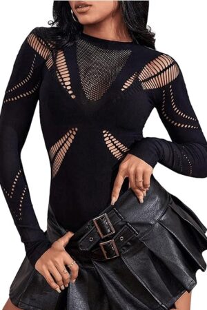 Women's Long Sleeve Fishnet Bodysuit Hollow Out Sheer Sexy Bodysuit Lingerie Rave Club Outfits