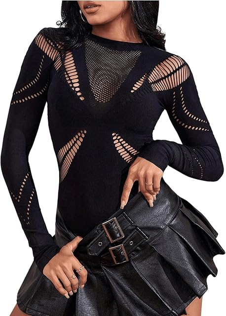 Women's Long Sleeve Fishnet Bodysuit Hollow Out Sheer Sexy Bodysuit Lingerie Rave Club Outfits