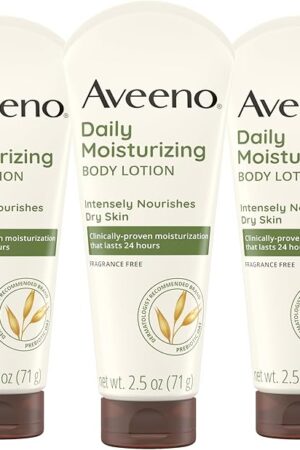 Aveeno Daily Moisturizing Body Lotion, Gentle Lotion Nourishes Dry Skin With Moisture, Soothing Prebiotic Oat, Fragrance-Free, Non-Comedogenic, Travel-Size, Pack of Three, 3 x 25 fl Oz