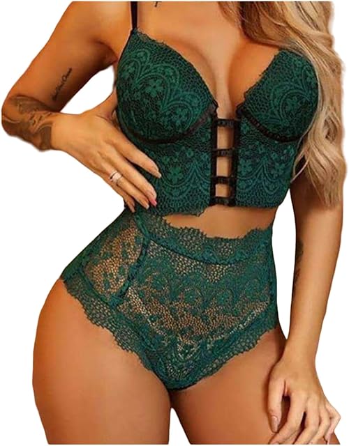Womens Sexy Corset Lingerie Set Floral Lace Bustier Bra and High Waist Panty 2 Piece Nightwear Sleepwear