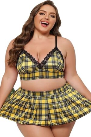 Women's Plus Size School Girl Lingerie Sexy Student Cosplay Costume Outfits with Plaid Bra and Mini Skirt Sets