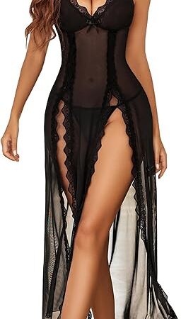 Women Lingerie Lace Babydoll Chemise Sexy Mesh Nightdress V Neck Nightwear Side Split Nightgown