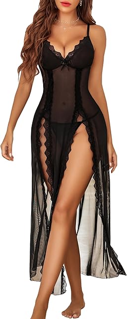 Women Lingerie Lace Babydoll Chemise Sexy Mesh Nightdress V Neck Nightwear Side Split Nightgown