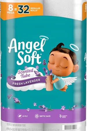 Angel Soft Toilet Paper with Fresh Lavender Scented Tube, 8 Mega Rolls = 32 Regular Rolls, Soft and Strong Toilet Tissue