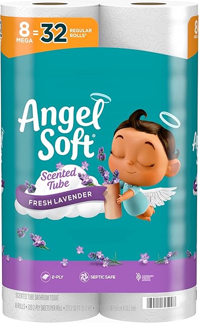 Angel Soft Toilet Paper with Fresh Lavender Scented Tube, 8 Mega Rolls = 32 Regular Rolls, Soft and Strong Toilet Tissue