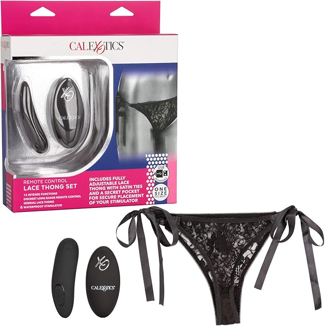 CalExotics Remote Control Lace Thong Set, 12-Function Silicone Panty Vibrator, Rechargeable and Waterproof - Black SE-0077-90-3