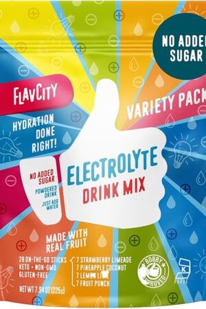 FlavCity Electrolytes Powder Packets - 28 Hydration Packets, Variety Pack - No Added Sugar - Hydration Powder with Real Fruit & Unrefined Sea Salt - Keto & Gluten-Free (28 Stick Packs)