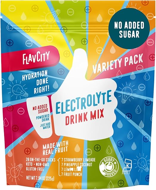 FlavCity Electrolytes Powder Packets - 28 Hydration Packets, Variety Pack - No Added Sugar - Hydration Powder with Real Fruit & Unrefined Sea Salt - Keto & Gluten-Free (28 Stick Packs)