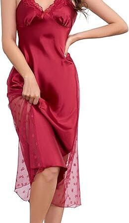 Women Silk Satin Nightgown Sexy Lace Chemise Lingerie Long Sleepdress for Ladies Sleepwear Slip Negligee