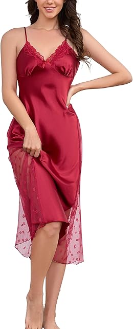 Women Silk Satin Nightgown Sexy Lace Chemise Lingerie Long Sleepdress for Ladies Sleepwear Slip Negligee