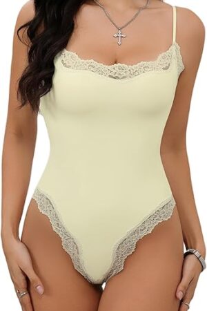 Lace Body Suit Square Neck Tops for Women Sleeveless Spaghetti Strap Tank Top Bodysuits for Women Sexy Jumpsuit