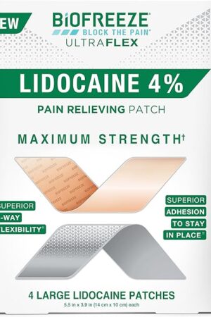 Biofreeze UltraFlex Lidocaine Patches Maximum Strength, Flexible Pain Relief Patch for Lower Back, Lidocaine Patch for Neck, Knee, Shoulder, 4 Large Pain Patches