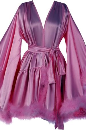Women's Feather Fur Robe Silk Satin Bridal Dressing Gown Sexy Illusion maternity lingerie for photoshoot