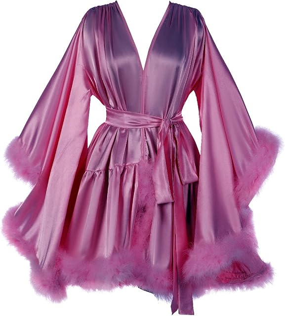 Women's Feather Fur Robe Silk Satin Bridal Dressing Gown Sexy Illusion maternity lingerie for photoshoot