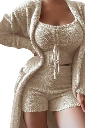 Womens Sexy Fuzzy 3 Piece Cardigan Outfits Fleece Warm Crop Top Shorts Pajamas Loungewear Sets