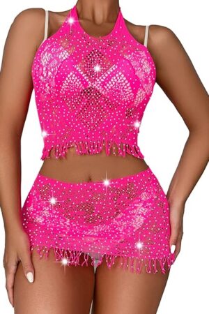 Women's Mesh Lingerie Fishnet Mini Dress Babydoll V Neck Two Piece Bathing Patry Suits Rose Red