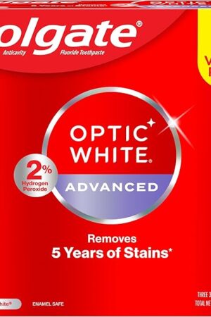 Colgate Optic White Advanced Hydrogen Peroxide Toothpaste, Teeth Whitening Toothpaste Pack, Enamel-Safe Formula, Helps Remove Tea, Coffee, and Wine Stains, Sparkling White, 3 Pack, 32 oz