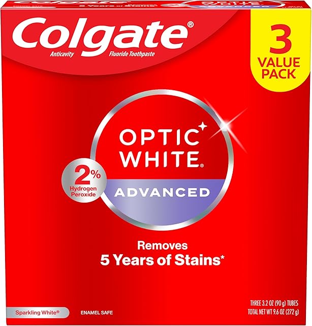 Colgate Optic White Advanced Hydrogen Peroxide Toothpaste, Teeth Whitening Toothpaste Pack, Enamel-Safe Formula, Helps Remove Tea, Coffee, and Wine Stains, Sparkling White, 3 Pack, 32 oz