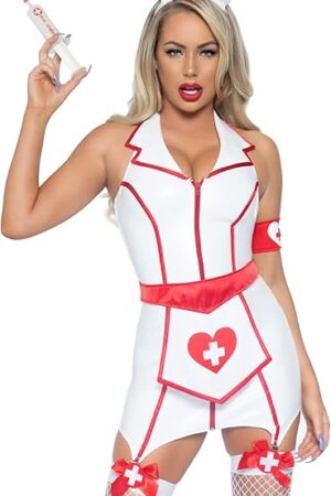 Women's 4 Pc ER Hottie Nurse Costume with Zip Up Vinyl Garter Dress, Heart Apron, Arm Band, Head Piece