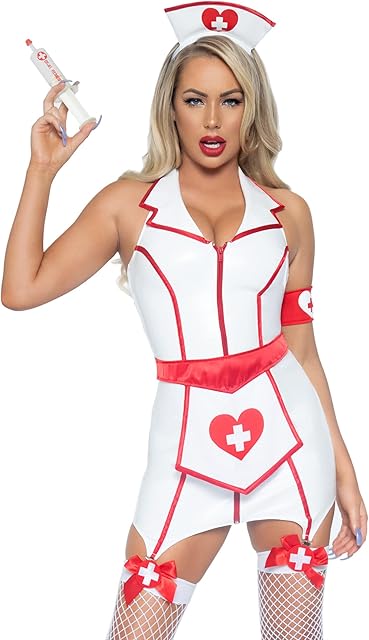 Women's 4 Pc ER Hottie Nurse Costume with Zip Up Vinyl Garter Dress, Heart Apron, Arm Band, Head Piece