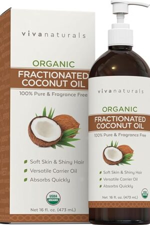 Viva Naturals Organic Fractionated Coconut Oil - Skin & Hair Moisturizer, Relaxing Massage and Body Oil, Carrier Oil for Essential Oils Mixing, Pure Non-Greasy Coconut Oil for Skin and Hair, 16 fl oz