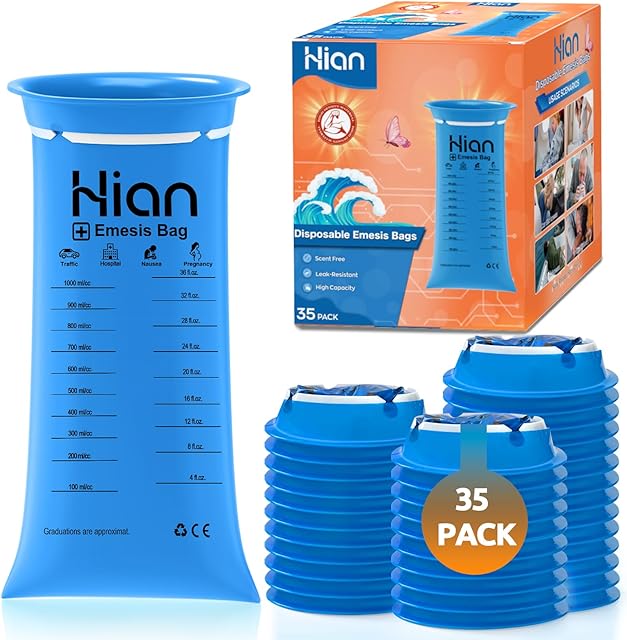 Hion Vomit Bags Disposable ? 35 Pack 1000ml Emesis Bags ? Leak Resistant, Medical Grade, Portable ? Perfect for Motion, Car & Aircraft Sickness, Pregnant Women