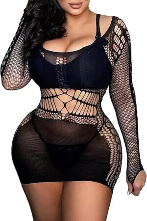 Womens Sexy Fishnet Dress Stretchy Dress Nightwear Hollow Out Babydoll One Piece Bodycon Nightdress