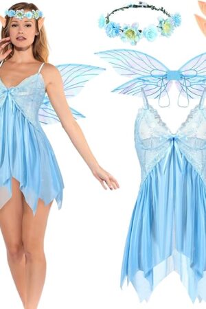 Halloween Woman Sexy Fairy Costume Butterfly Wings Lace Babydoll Sleepwear Flower Crown Elf Ears for Halloween