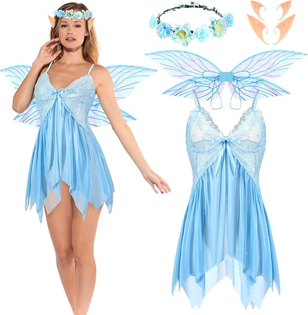 Halloween Woman Sexy Fairy Costume Butterfly Wings Lace Babydoll Sleepwear Flower Crown Elf Ears for Halloween