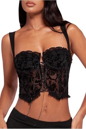 Women's Floral Lace Corset Tops Underwire Straps Tie Front Crop Top Bustier Tops