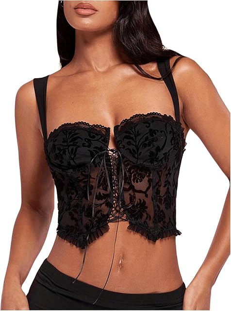 Women's Floral Lace Corset Tops Underwire Straps Tie Front Crop Top Bustier Tops
