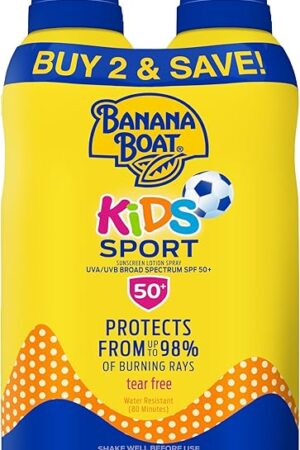 Banana Boat Sport Kids Sunscreen Spray SPF 50, Twin Pack | Spray Sunscreen for Kids, Childrens Sunblock SPF 50, Oxybenzone-Free, 6oz each