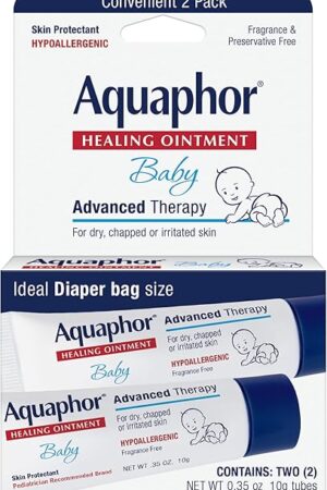 Aquaphor Baby Healing Ointment Advanced Therapy Skin Protectant for Chapped or Dry Skin, Drool Rash and Diaper Rash Ointment, Hypoallergenic Baby Essentials, Travel Size, 035 Oz Tube, Pack of 2
