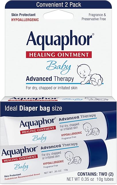 Aquaphor Baby Healing Ointment Advanced Therapy Skin Protectant for Chapped or Dry Skin, Drool Rash and Diaper Rash Ointment, Hypoallergenic Baby Essentials, Travel Size, 035 Oz Tube, Pack of 2