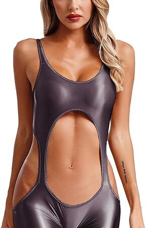 Women's Glossy Shiny One Piece Sexy Lingerie Cut Out Short Jumpsuit Rompers Swimsuit
