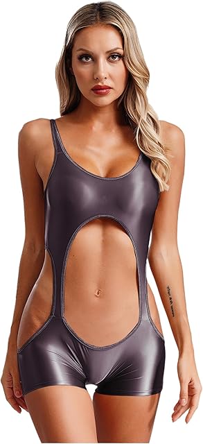 Women's Glossy Shiny One Piece Sexy Lingerie Cut Out Short Jumpsuit Rompers Swimsuit