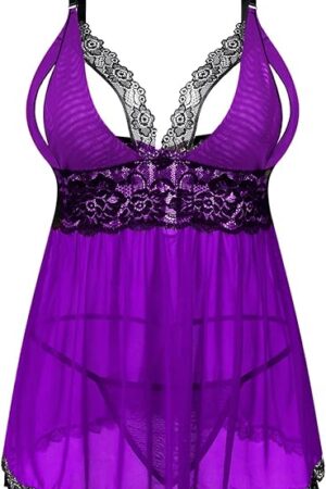 Women Plus Size Lingerie Set Sexy Lace Babydoll Lingerie Dress Chemise Sleepwear with Thong
