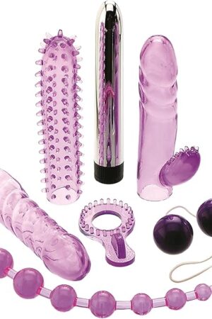 Adam & Eve Complete Lover's Kit, 7 Piece Couples Sex Toy Set, Includes Vibrator, Rabbit Sleeve, Tickler Sleeve, Ribbed Sleeve, Penis Ring, Anal Beads, Kegel Balls, Waterproof, Body Safe