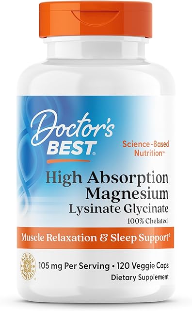 Doctor's Best High Absorption Magnesium Lysinate Glycinate Capsule, Easy to Swallow, 120 Ct