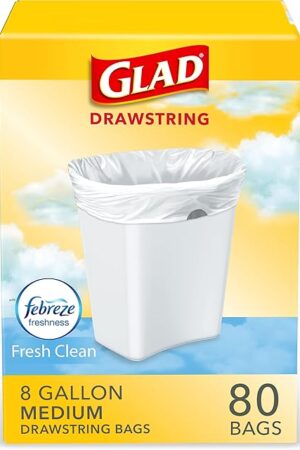 Glad Medium Kitchen Drawstring Trash Bags, 8 Gal, Fresh Clean Scent, 80 Ct (Package May Vary)
