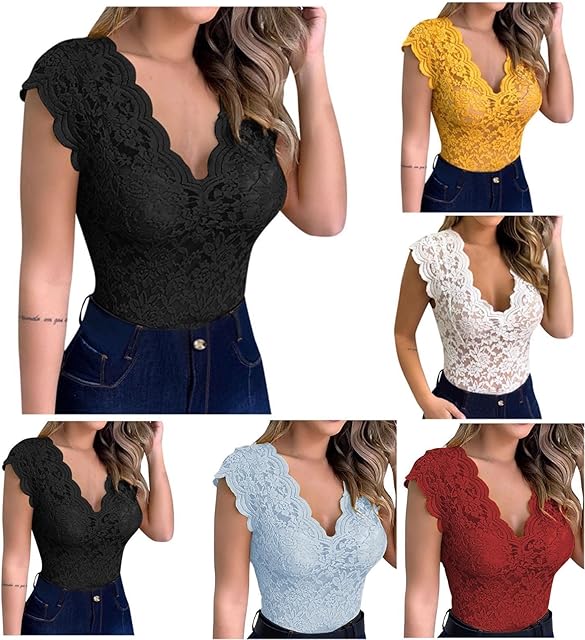 Women Lace Slim Fitted Crop Top Short Sleeve V Neck Low Cut Y2K Shirts Sexy Casual Blouse Elegant Trendy Going Out Top