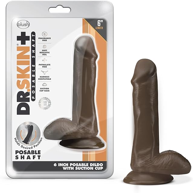 Blush Dr Skin Plus 6" Realistic Posable Shaft Dildo w/Balls, Soft Lifelike Cock - Triple Density Sensa Feel, Suction Cup, Strap-On Play - Adult Sex Toy Penis for Women, Men & Couples - (Chocolate)