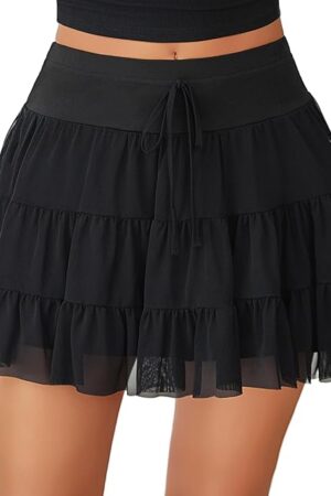 Women's Mini Skirt Pleated High Waisted Ruffle Y2k Flowy Mesh Skirts Casual Summer Beach Outfits S-XXL