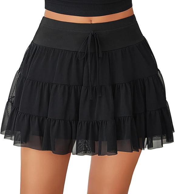 Women's Mini Skirt Pleated High Waisted Ruffle Y2k Flowy Mesh Skirts Casual Summer Beach Outfits S-XXL
