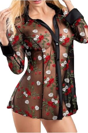 Women's Sexy Sheer Mesh Button Down Shirt Top Embroidery Lace Lingerie Blouse Long Sleeve Swimwear Cover Up Cardigan