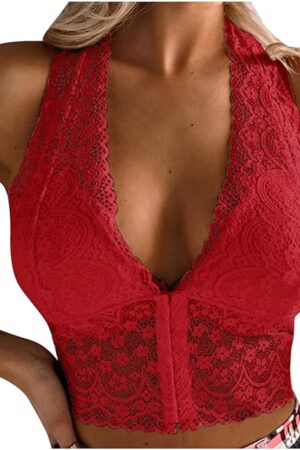 Womens Lingerie Corset Top Sexy Sheer Lace Wirefree Bustier Cami Crop Top Night Out Party Club Halter Tank Top Shirt