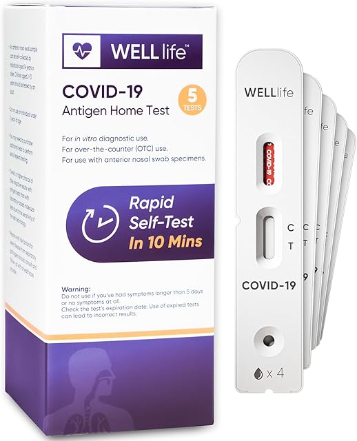 WELLlife Covid-19 Antigen Home Test, FDA Authorized OTC Covid Home Test with 10 Minute Results, 1 Pack, 5 Tests Total, Easy to use & No Discomfort