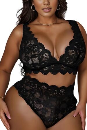 Women Plus Size 2 Piece Lingerie Sexy Floral Lace Scallop Trim Bralette and High Waist Panty Set