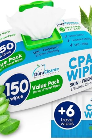 CPAP Mask Wipes - 150 Count Jumbo Pack + 6 Travel Sheets - Dura Cleanse Extra Large, Extra Moist Cleaning Wipes for Full Face, Nasal Masks Unscented Cleaner for CPAP Machine, Supplies and Accessories