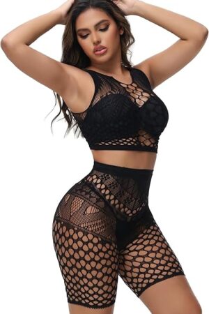 Womens Sexy Fishnet Lingerie Set Sleeveless Crop Top Fishnet Shorts 2 Piece Mesh Beachwear Rave Outfit